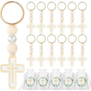 24 Sets First Communion Favors, Rosary Keychain with Cross and White Satin Gift Candy Bag, Baptism Party Favors Gifts for Guests, Christening Souvenirs