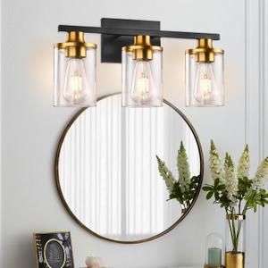 GROWER 3 Light Bathroom Light Fixtures, Black Vanity Light for Bathroom, Bathroom Vanity Lights Over Mirror with Clear Glass Shade, Vanity Lighting Fixtures, Wall Lamp Sconces for Bedroom, Porch