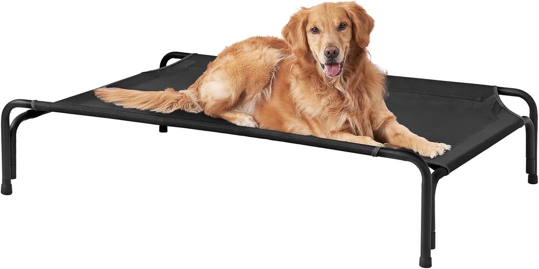 EHEYCIGA Reinforced Elevated Large Dog Cot Bed, Raised Outdoor Dog Hammock, Lifted Pet Platform with Frame and Washable Waterproof Cooling Teslin Mesh and Anti-Slip Feet, 43x26 inch (Black)