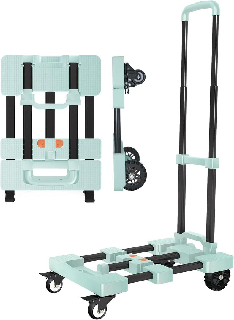 Heavy-Duty 500LB Capacity Hand Truck with One-Touch Retractable Handle & Extendable Plate, Portable Collapsible Dolly Cart with 4 Wheels w/Brakes Folding Luggage Cart for Travel/Home Use, Green