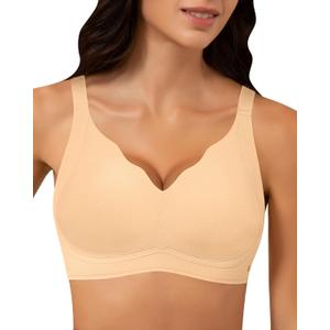 Wireless Bra Women Seamless Push Up Support Comfort V Neck Full Coverage Sleep T-Shirt Everyday Bras (Beige, L)