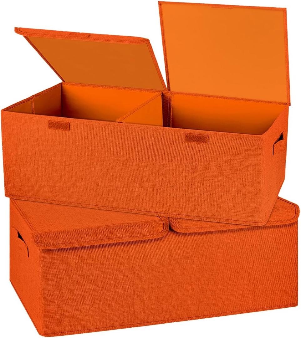 2 Pack Large Storage Boxes with Lids and Handles, Collapsible Linen Storage Bins Organizer Containers Baskets Cube with Removable Divider for Home Bedroom Closet Office (Orange, Small)