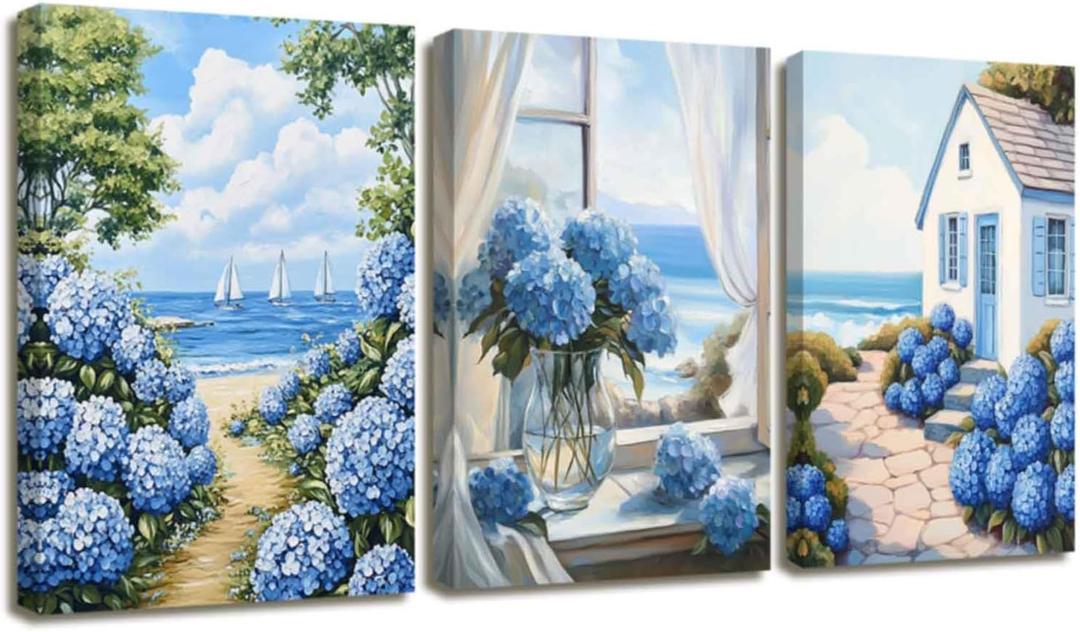 XLMDYYSW Hydrangea Wall Art Set of 3 Rustic Floral Canvas Print Blue Beach Seascape Painting Prints Coastal Artwork for Bathroom Living Room Bedroom Framed (Blue, 12.00" x 16.00" x 3PCS)