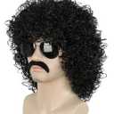 yuehong Black Curly Fluffy Jumbo 70s Afro Wig 80s Rocker Disco Party Costume Hair Heat Resistant Synthetic Fibers Soft Breathable Wig with Mustache