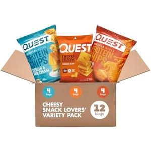 Quest Nutrition Cheese Lovers Variety Pack, Nacho Tortilla Style Protein Chips x4, Cheddar & Sour Cream Chips x4, Cheddar Blast Crackers x4, 12 Count By 02/20/2026