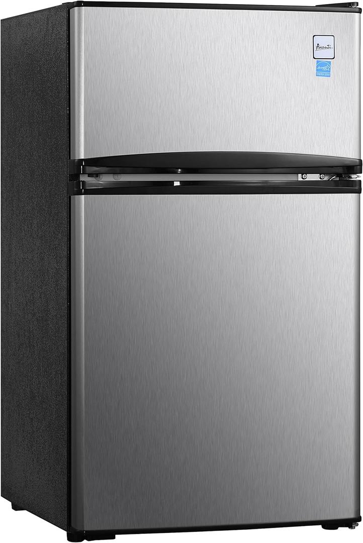 Avanti RA31B3S Cu. Ft. Compact Refrigerator with Freezer, Adjustable Glass Shelves, Reversible Door, Automatic Defrost, Energy Star Certified, 3.1 cu.ft, Stainless Steel, 33.5" x 18.8" x 19.8", Black