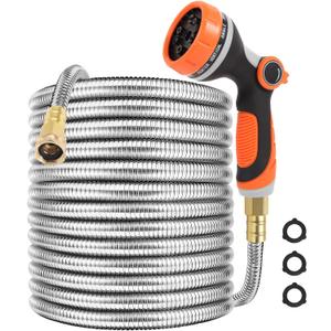 Metal Garden Hose 50 ft with 10 Function Sprayer Nozzle, Lightweight Stainless Steel Water Hose with 3/4" Solid Fittings, Flexible Kink Free Leak Proof for Yard, Patio, Outdoor & Car washing