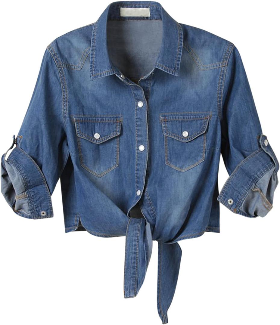 American Trends Women's Denim Shirt 3/4 Sleeve Tie Front Top Knot Chambray Cardigan Button Shirt Jean Crop Top Jacket (Large, Dark Blue)