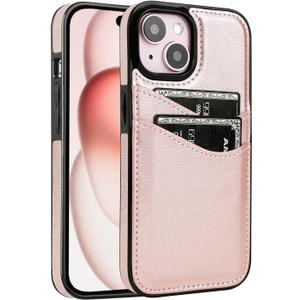 for iPhone 13/14/15 Case with Card Holder Soft Leather Wallet Case Protective Shockproof Hard Cover for Women Girls (Rose Gold)