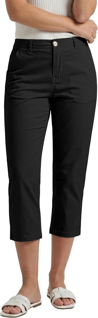 GRAPENT Capri Pants for Women Summer High Waisted Cotton Elastic Waist Dressy Casual Office Work Capris Trousers Pants (Black, XL)