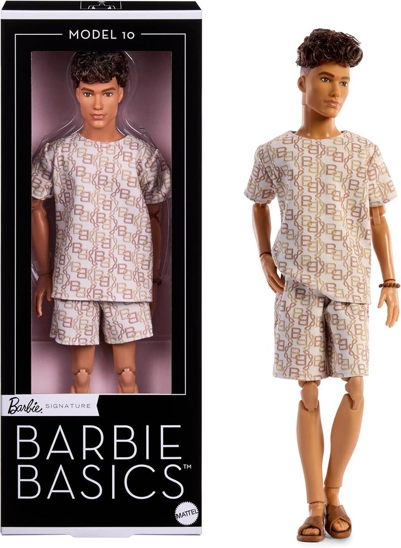 8 x Barbie Basics Model Collector Ken Fashion Doll 10 with Brunette Hair in Shirt & Shorts with Matching Print, Universal-fit Fashions & Posable Body