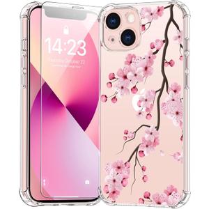 bicol for iPhone 13 Case with Screen Protector,Enhanced Camera Protection,Clear TPU Cover with Trendy Designs for Girls Women,Slim Fit Protective Phone Case,Blooming Cherry