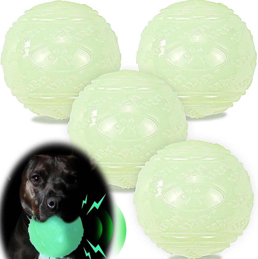 LECHONG 4-Pack 3.5” Glow Squeaky Dog Balls, Bouncy Glow in The Dark Dog Ball with Squeaker, Durable Dog Rubber Ball Toys Glowing Fetch Balls for Medium Large Dogs Nighttime Playing Indoors & Outdoors