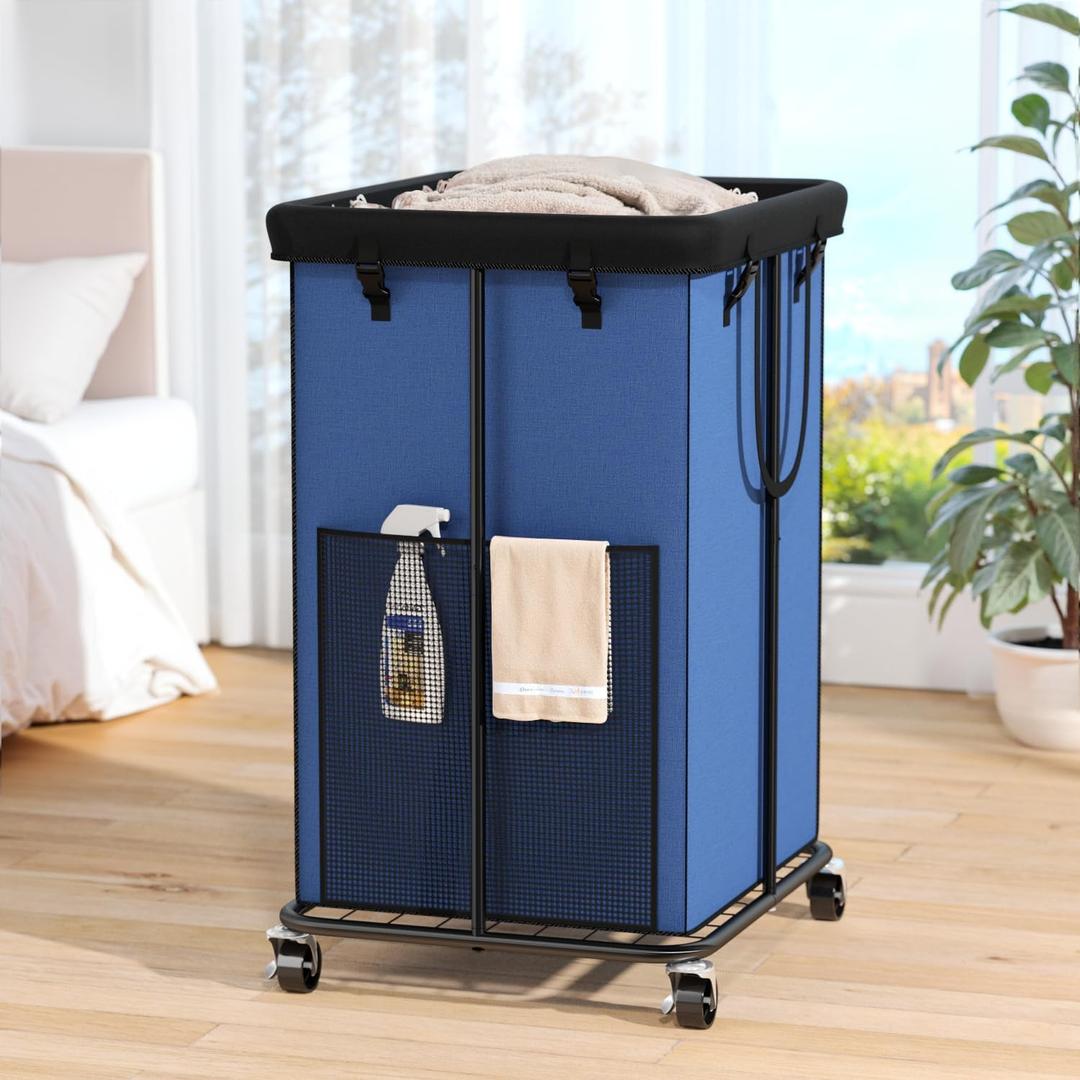 150L Laundry Hamper with Wheels, Rolling Laundry Basket with Metal Frame and Removable Bag, Large & Tall Dirty Clothes Hampers for Bedroom Aesthetic, Laundry Room, Bathroom, DormBlue