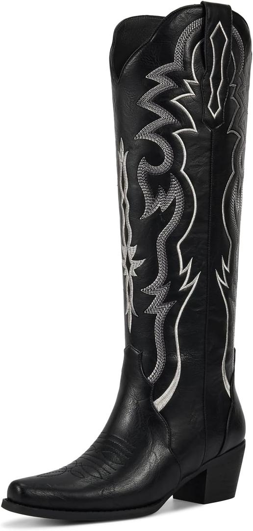 wetkiss Black Cowboy Boots for Women Knee High Cowgirl Tall Boots with Classic Retro Embroidered Chunky Heel Slip On Pointed Toe Womens Western Boots for Girls Ladies (8.5)