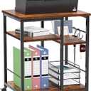 Furologee 3 Tier Printer Stand for Home Office Organization, Mobile Printer Cart with Wheels and 2 Hooks, Under Desk Shelf with Storage, for Living Room, Kitchen, Rustic Brown