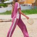 EXLURA Womens Summer 2 Piece Outfits Color Block Short Sleeve Tops Tracksuit Wide Leg Pants Matching Set Lounge Sets 2025 (Brown)