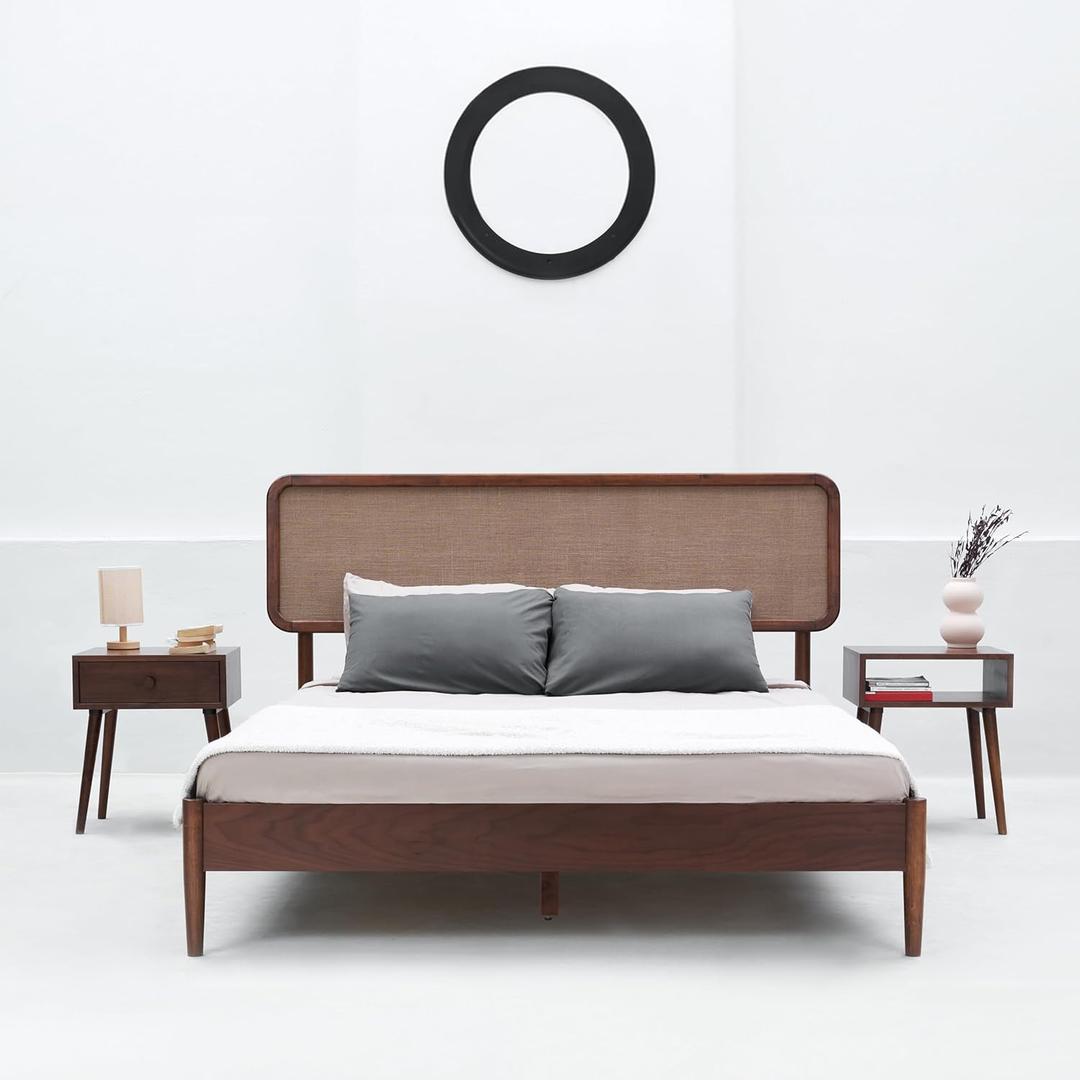 NTC Lupin Wooden Bed Frame with Headboard, Crafted from Walnut, Rubber Wood with Silent Slats and Wood Central Supports, 1000 Lb Capacity, Effortless Assembly, King - Dark Walnut