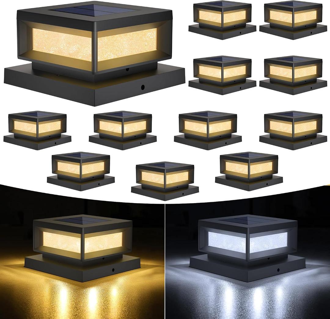 Mlambert 12 Pack Solar Powered Post Cap Lights Outdoor for 4x4/6x6 Wood/Vinyl Posts, Waterproof Deck Fence Patio Porch Light Cool/Warm Lighting, Black
