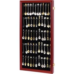 60 Souvenir Tea Spoon Display Case Collection Collector Rack Wall Mount Wooden w/98% UV Acrylic Door Lockable(60 Spoons-Cherry)