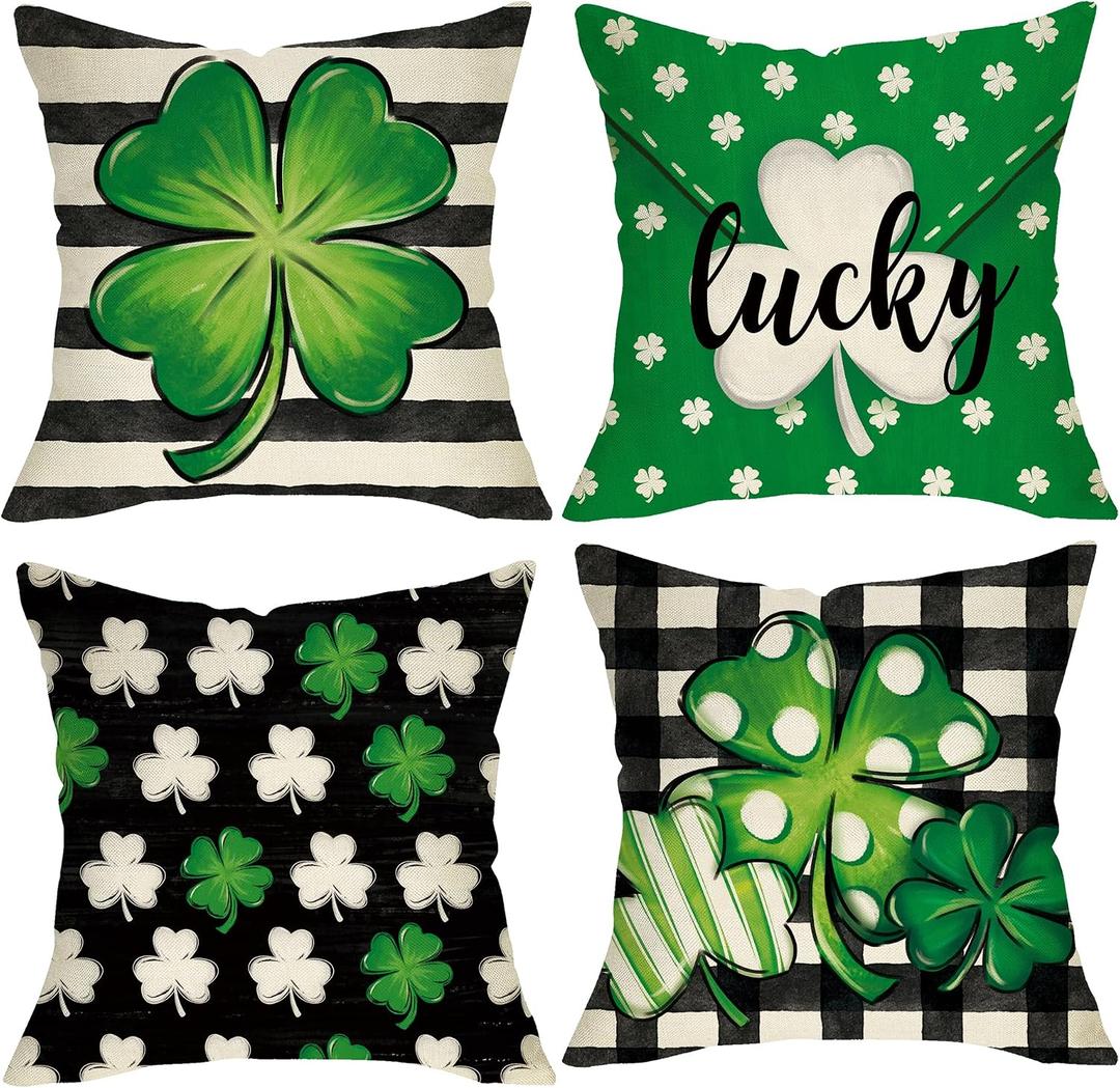 St. Patrick's Day Lucky Clover Decorative Throw Pillow Covers 18x18 Set of 4, Shamrock Black White Buffalo Plaid Check Outdoor Home Decor, Spring Farmhouse Irish Holiday Couch Cushion Case