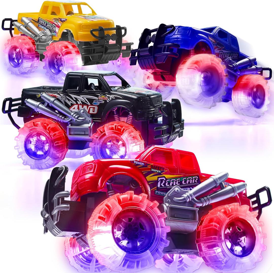 ArtCreativity Light Up Monster Trucks for Boys and Girls, 4-Pack Toy Truck Set, Monster Trucks for Boys 3 4 5 6 7 8 Years Old, Toddler Monster Truck Toys, Light Up Trucks