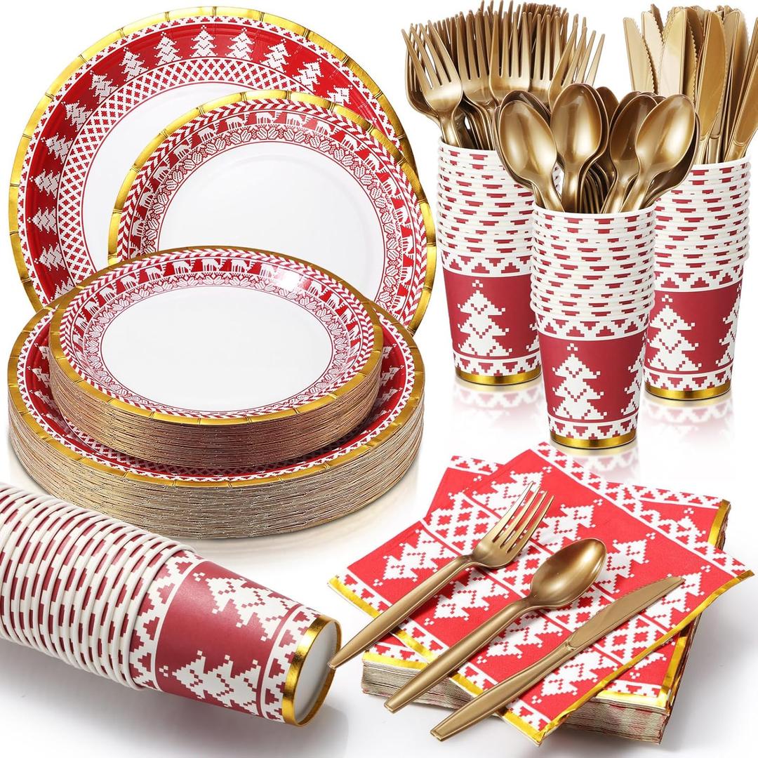 Umigy 200 Pcs Christmas Dinnerware Set Disposable Christmas Paper Plates and Napkins for 25 Guests Holiday Tableware Kits Cups Forks Knives Spoons Party Supplies (Xmas Tree)