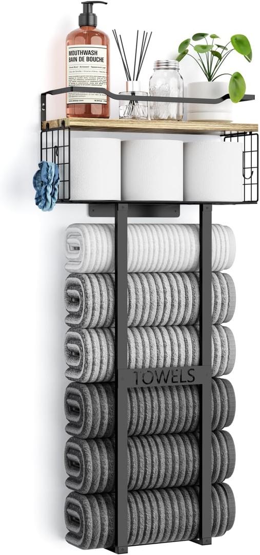 Aetyord Towel Racks for Bathroom - Wall Mounted Metal Rack with Wood Plank, Bathroom Storage Organizer, Towel Holder Stores 6 Large Rolled Towels Easily, Black with Wood Plank