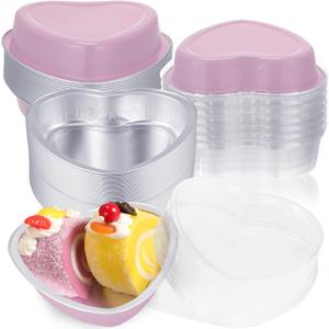 Fainne 20 Sets Mother's Day 5" Aluminum Foil Heart Shaped Cake Pans with Clear Lids 225 ml/ 7.92 oz Heart Cake Pan Mini Mother's Day Containers Disposable Dessert Baking Containers (Nude Pink)