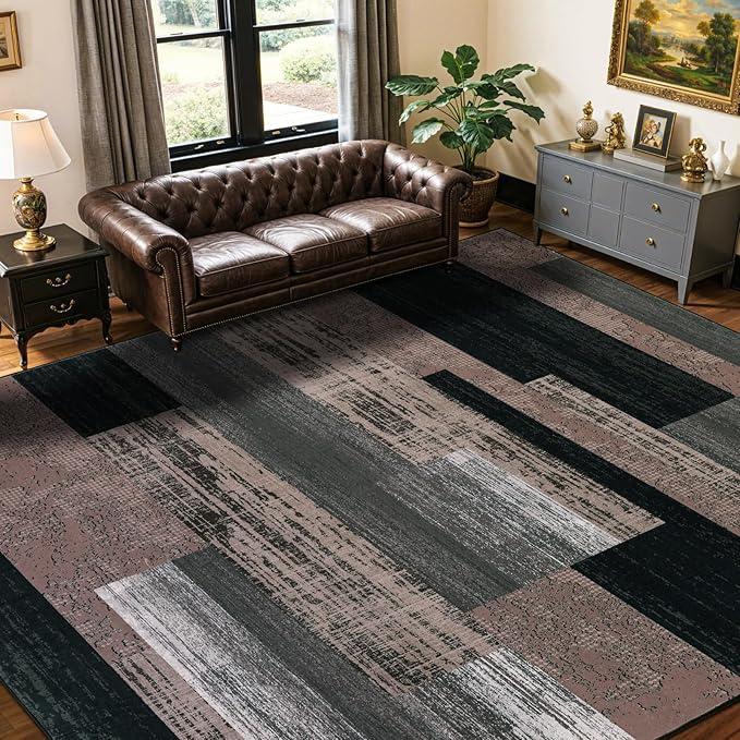 LIANLAM 10x12 Washable Area Rugs for Living Room and Bedroom, Vintage Checkered Pattern Non-Slip Carpet, Stain Resistant Low Pile Soft Rug for Dining Room,Office,Nursery,Kids Room(10x12,Chocolate)