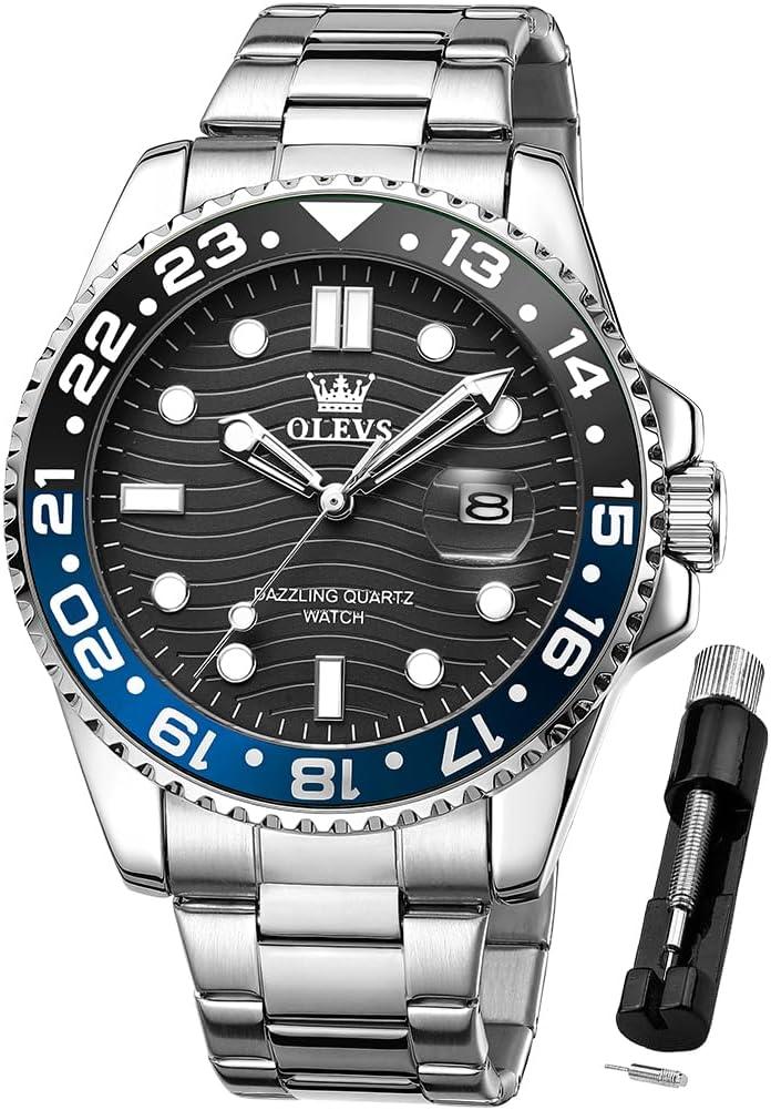 OLEVS Men Skeleton Watches Stainless Steel Analog Quartz Moon Phase Male Watch, Diamond Multi Calendar Chronograph Watch,Waterproof Wrist Watch for Men (silver black watches 10)