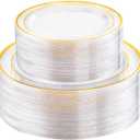 FLOWERCAT 100PCS Clear Plates with Gold Trim - Heavy Duty Clear and Gold Plastic Plate Disposable for Birthday Party/Wedding Include 50PCS 10.25inch Dinner Plates - 50PCS 7.5inch Cake Plate