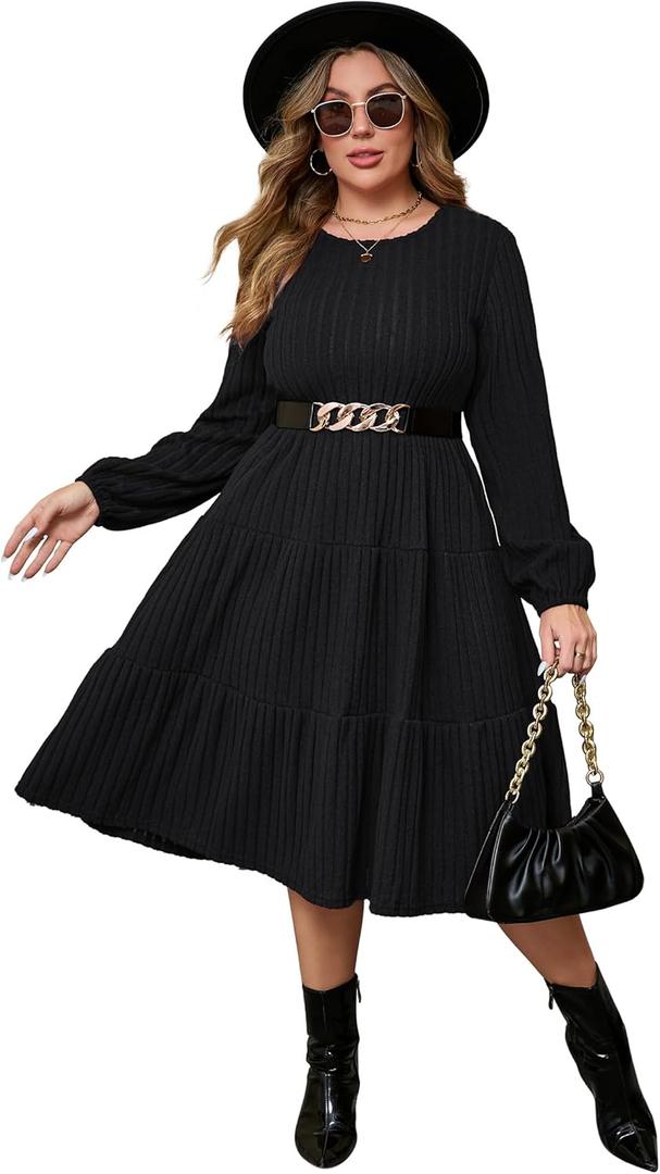 ShopWonder Women Plus Size Knit Sweater Dress Round Neck Long Sleeves Comfy Pullover Winter Midi Dress with Belt (X-Large, Black)
