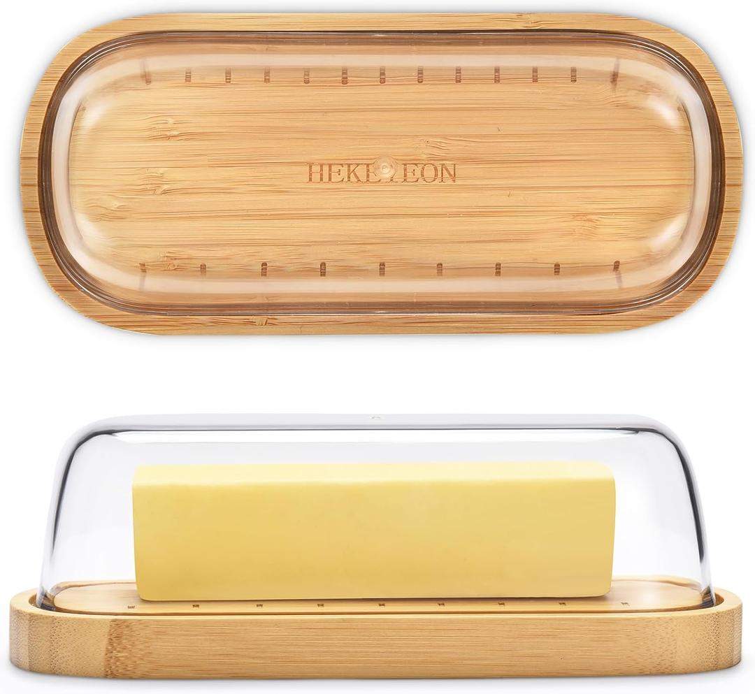 ,Butter Dish with Lid, Bamboo Butter Holder, Butter Container Holds for East/West Coast Butter, Dishwasher Safe