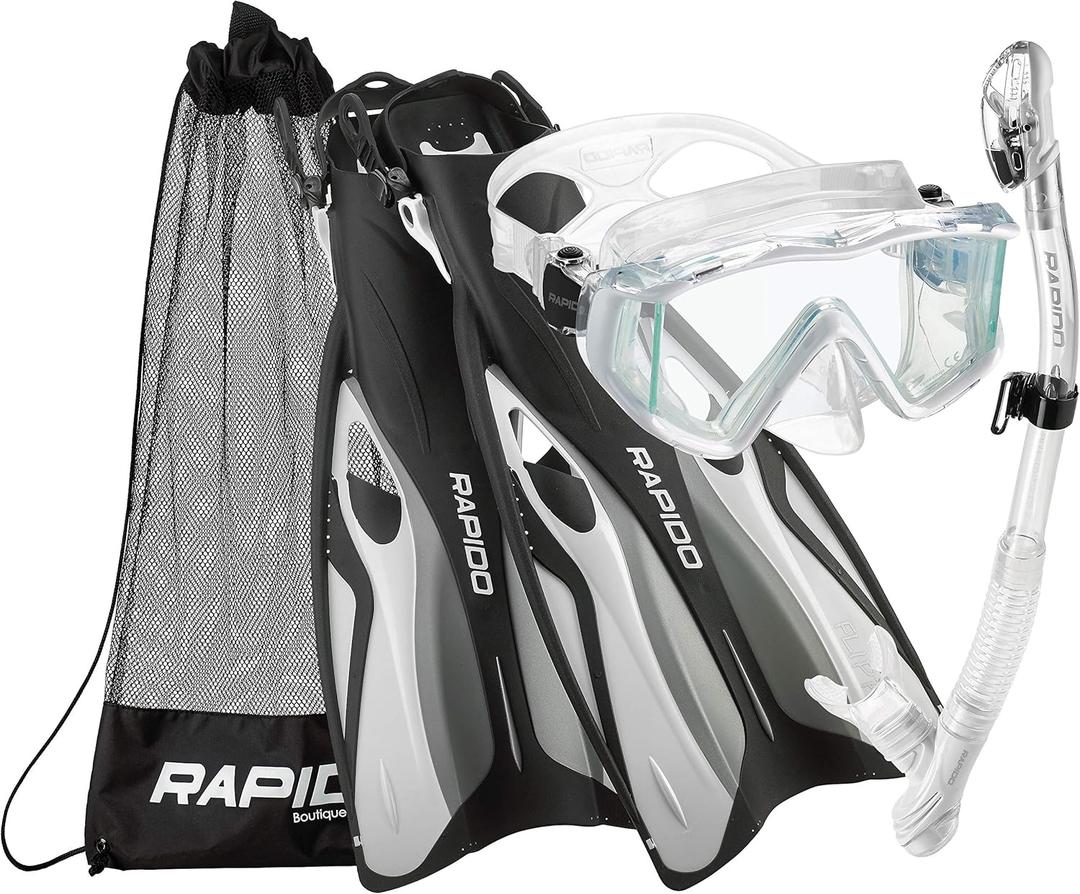 Phantom Aquatics Rapido Boutique Collection Clareza Three Window Tempered Glass Lens Mask Fin Snorkel Set with Snorkeling Gear Carry Bag (S/M, US: 6-9 / EU: 38-42, White)