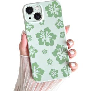 Skyseaco for iPhone 13 Case Cute Hibiscus Phone Case Flower Design Soft Slim TPU Shockproof Camera Protection Phone Cover for Women Girls - Green