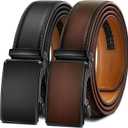 KEMISANT Men Belt 2 Pack, Leather Ratchet Belt Easy Click Slide For Men 1 3/8",Cut for Fit(Black/Deep Brown, 42"-48" Waist Adjustable)