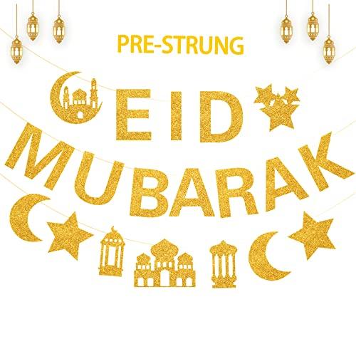 Glitter Eid Mubarak Banner with Gold Moon Star Eid Hanging for Islam Party Decorations No DIY Required