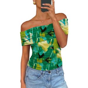 PRETTYGARDEN Women's Off The Shoulder Short Sleeve Ruched Slim Fit Blouse (M)