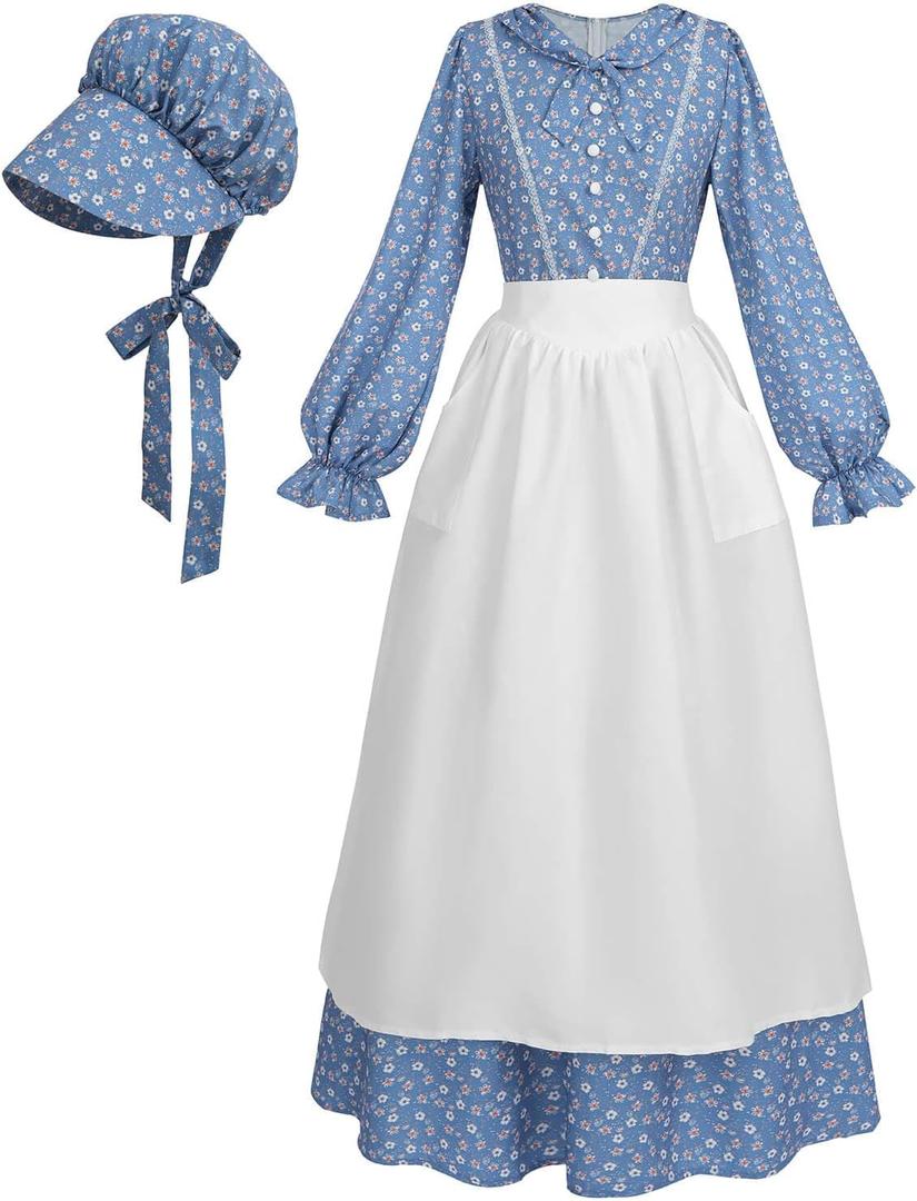 Nuoqi Prairie Dress Women Colonial Pioneer Dress with Bonnet Adult Colonial Costumes (Large, Blue)
