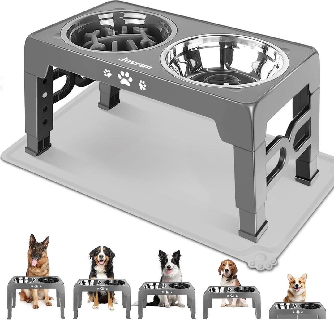 Jovrun Elevated Dog Bowls for Medium Size Dogs with Mat, Non-Slip Dog Feeder with 1*Stainless Steel Dishes & 1*Slow Feeder Bowl, 5 Heights Adjustable Raised Bowls for 3.15″-8.66″-9.84″-11.02″-12.2″