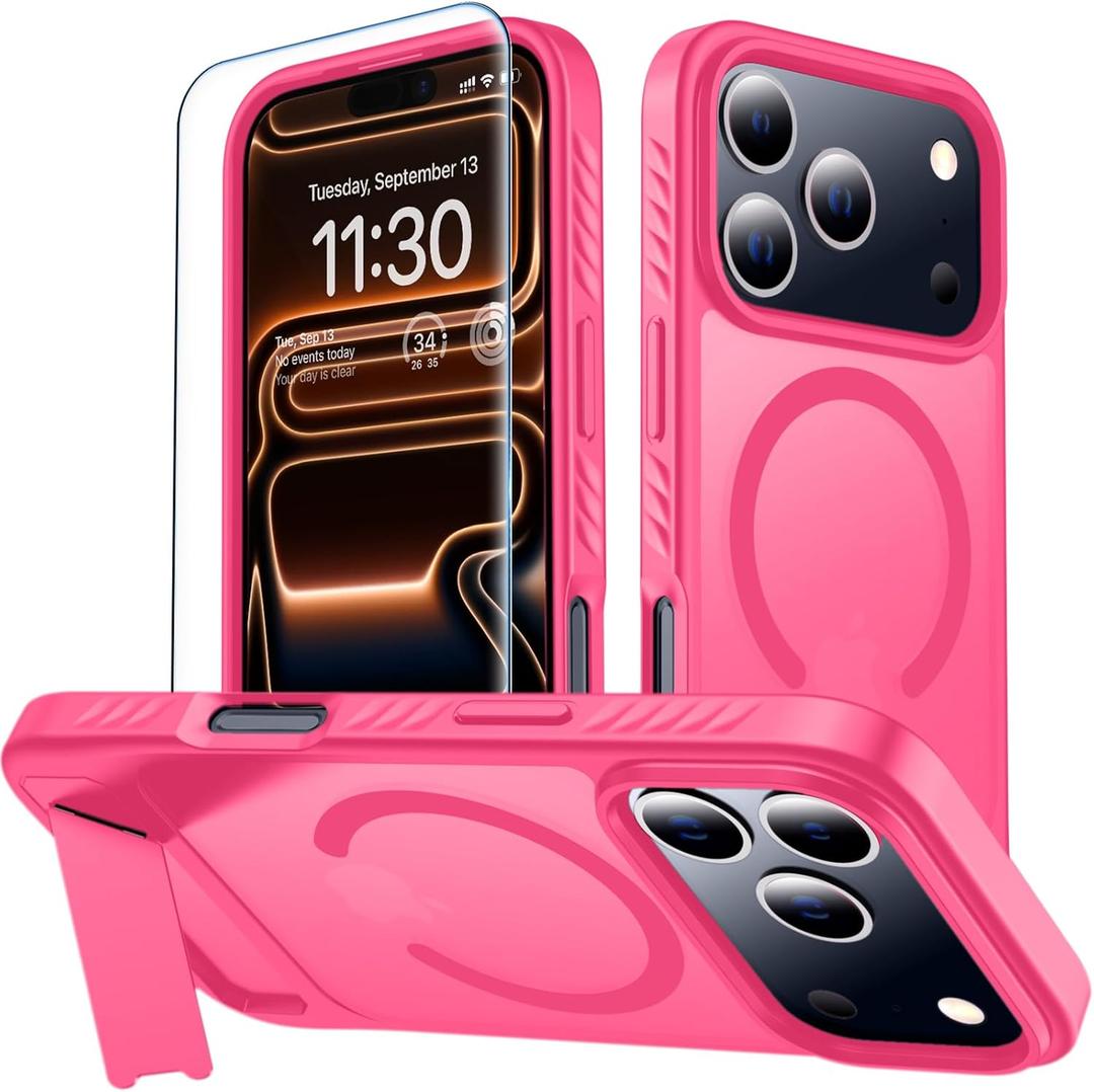 MOZOTER for iPhone 17 Pro Case with Kickstand,[Compatible with MagSafe] [12FT Military Grade Protection] Slim Translucent Matte Shockproof Phone Case,6.3",Rosered