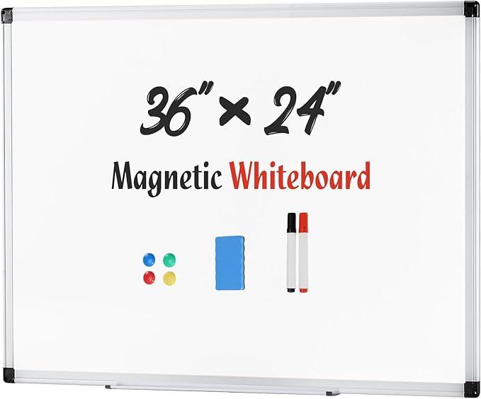 Sweetcrispy Magnetic Dry Erase Board, 36 X 24 Inches Whiteboard for Home Office School, Silver Reinforced Aluminum Frame,1 Dry Eraser & 2 Dry Erase Markers & 4 Magnetic Pins