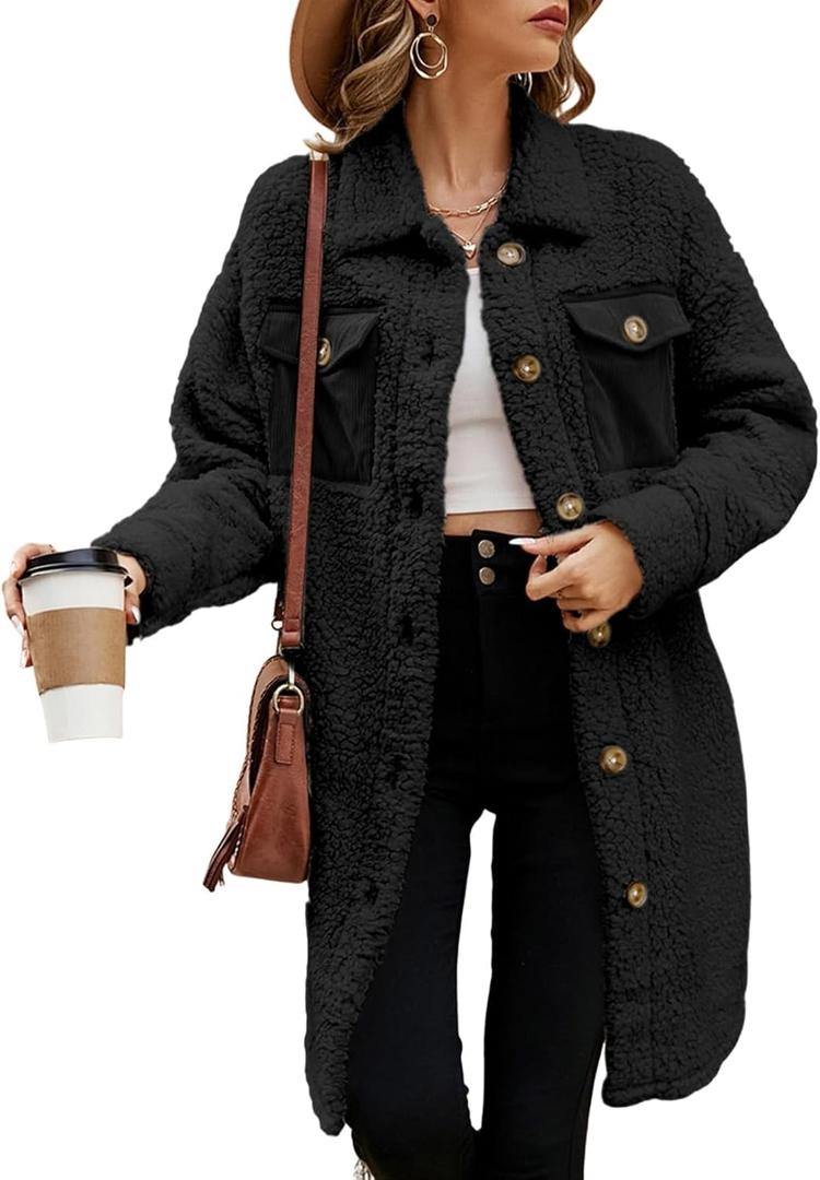 EVALESS Fuzzy Fleece Jackets for Women Fashion Long Sleeve Lapel Button Down Long Teddy Coat Faux Fur Warm Winter Outwear L