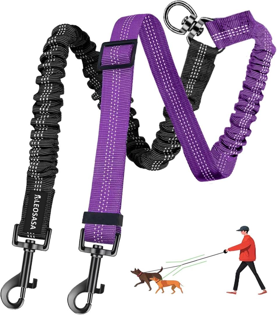 Double Dog Leash - 360Swivel Tangle Free Splitter Attachment, 2 Dogs Multi-Functional Leashes, Dual Rope for Outdoor Walk Train Small Medium Large Two Pet, Purple