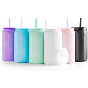 6 Pack Glass Cups with Lids and Straws Unbreakable 16 oz Stainless Steel Can Cup Double Wall Insulated Beer Can Tumbler for Iced Coffee, Juice, Soda, Bright-Colored