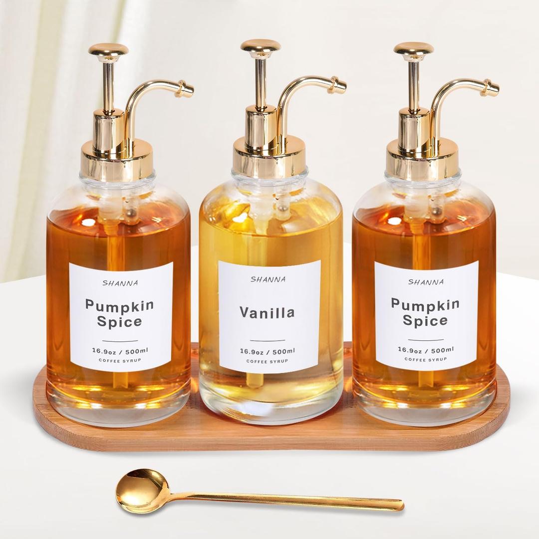 Coffee Syrup Dispenser for Coffee Bar, 16.9oz 500ml Glass Syrup Dispenser w Golden Coffee Scoop, Coffee Syrup Pump Dispenser w 36 Labels and Bamboo Tray, Coffee Syrup Bottles with Golden Pump, 3PCS
