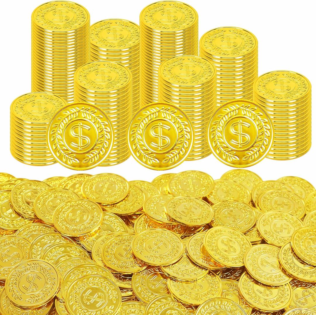200Pcs Gold Coins, Plastic Gold Coins Bulk, 1.4 Inch Fake Coins for Rewards Tokens, Pirate Coin for Party Decorations, Reasure Hunt Games, Adventure Theme Party Supplies