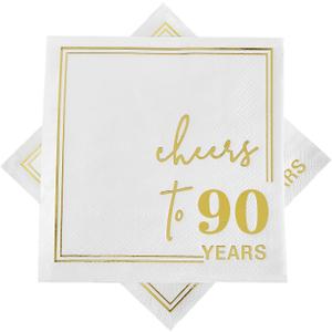 Ottin White Gold Cheers to 90 Years Cocktail Paper Napkins, 5x5 Inches, 50 Counts, 3-Ply Disposable Party Napkins for 90th Birthdays Decorations, Anniversaries, Weddings, Indoor & Outdoor Celebrations