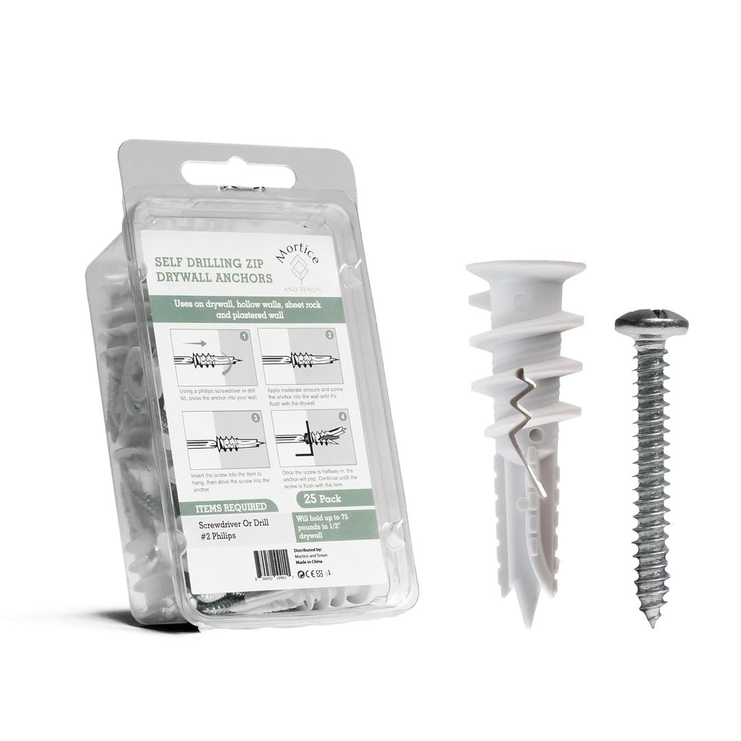 Reinforced Nylon 66 Drywall Anchors 90lb Limit, Self Drilling, Home Improvement Value Pack for Home Projects & Picture Hanging Kit, 25 Plastic Dry Wall Expansion Anchors and 25 Sheetrock Screws
